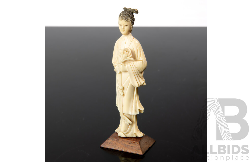 Antique Japanese Hand Carved and Dyed Ivory Okimono of Female Form