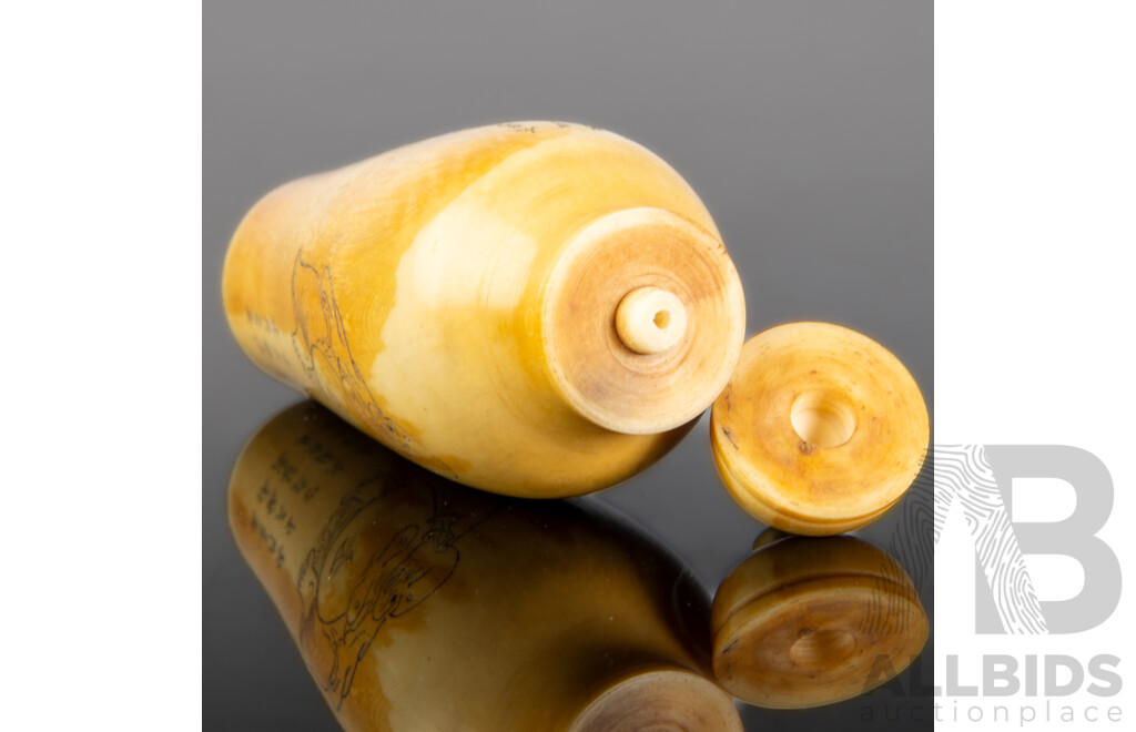 Antique Chinese Hand Carved Ivory Snuff Bottle with Buddha Figure and Character Decoration