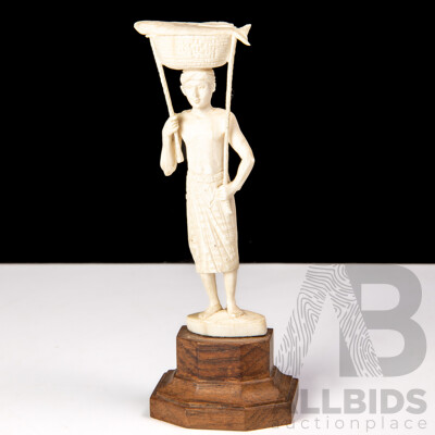 Antique Japanese Hand Carved Ivory Okimono of Fisherman with Fish in Basket, on Wooden Stand