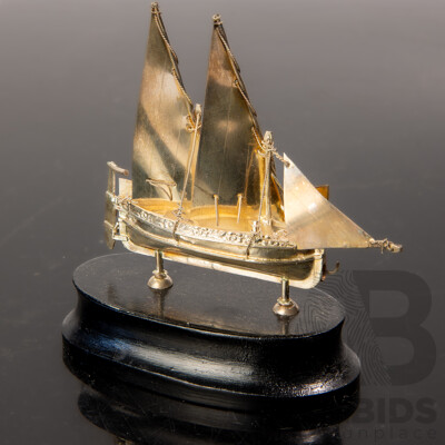 Vintage Sterling Silver Two Masted Boat with Lateen Rig on Wooden Stand
