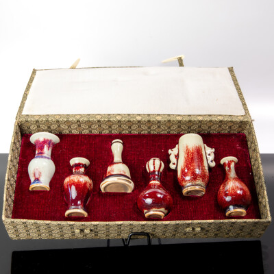 Collection Six Miniature Chinese Porcelain Vases with Classic Shapes and Sang De Boeuf Glaze