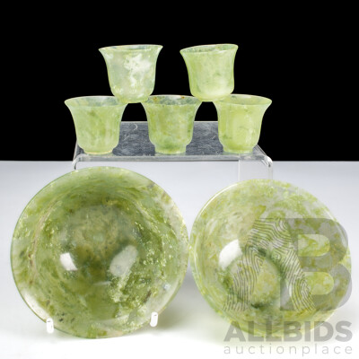 Two Chinese Translucent Jade Bowls with Set Five Matching Cups