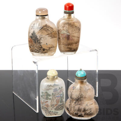 Collection Four Chinese Glass Hand Reverse Painted Scent Bottles with Turquoise, Coral, Stone & Glass Stoppers