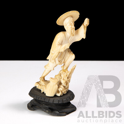 Vintage Japanese Hand Carved Ivory Figure on Wooden Stand