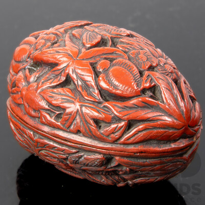 Antique Chinese Qing Cinnabar Lidded Peach Stone Form Container with Floral & Butterfly Motif
