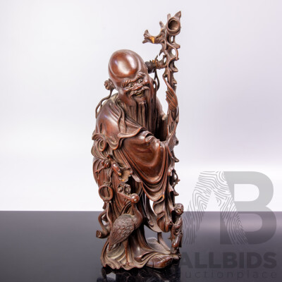 Antique Chinese Shou Xing God of Longevity Carved Wooden Figure