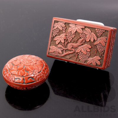 Two Vintage Chinese Cinnabar Lidded Boxes Including Example with Civet Motif to Lid