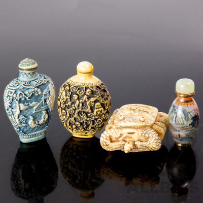 Collection Four Antique Chinese Snuff Bottles Comprising Bone Crab Form Example, Two Composite Examples & Glass Example with Reverse Painted Scene