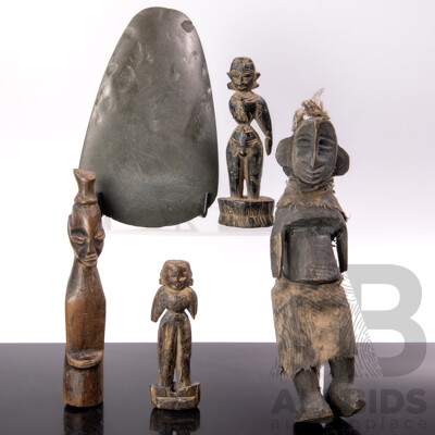 Collection Antique Tribal Hand Carved Pieces Including PNG Green Stone Axe Head and Four Wooden Figures