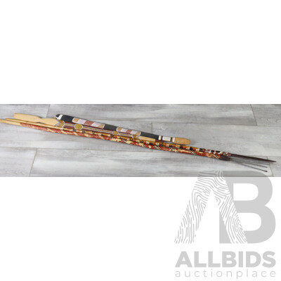 Collection Vintage Australian Indigenous Aboriginal Mid 20th Century Hand Made & Decorated Wooden PIeces Comprising Two Woomeras and Two Spears