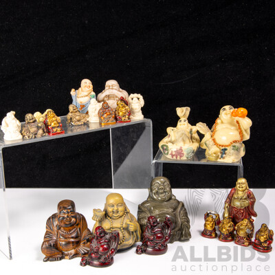 Collection Asian Buddha Figures Including Grey Stone, Four Small Bone, Wooden & Composite Examples