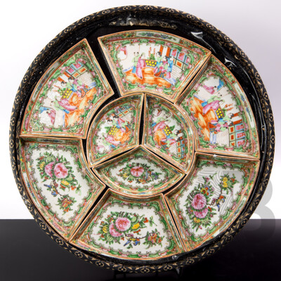 Antique Chinese Qing Porcelain Nine Sectioned Famille Rose Dishes on Wood Paper Covered Tray