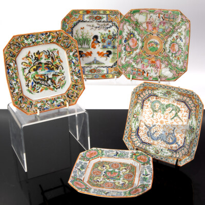 Collection Five Antique Chinese Qing Porcelain Hexagonal Form Side Plates Including Famille Rose Examples