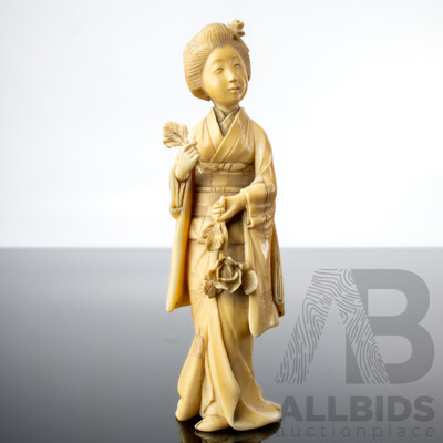 Antique Japanese Hand Carved Ivory Okimono of Female Form