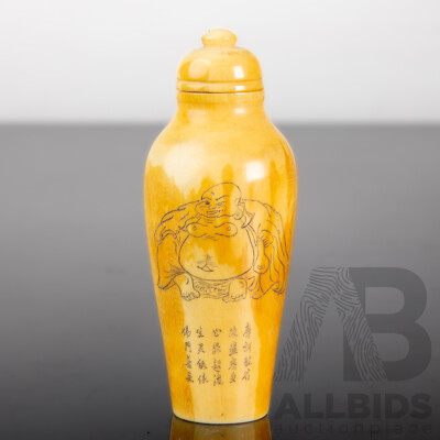 Antique Chinese Hand Carved Ivory Snuff Bottle with Buddha Figure and Character Decoration
