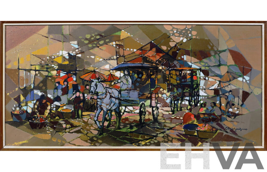 Chantandjung, (20th Century, Bandung School, Indonesian), Horses and Carts, Oil on Canvas Board, 49 x 99 cm