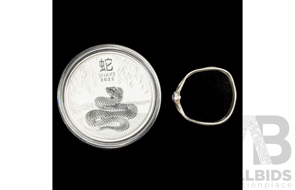 Australian Perth Mint 2025 KCIII Silver Fifty Cent Coin, Year of the Snake .999 with Women's Sterling Silver Ring