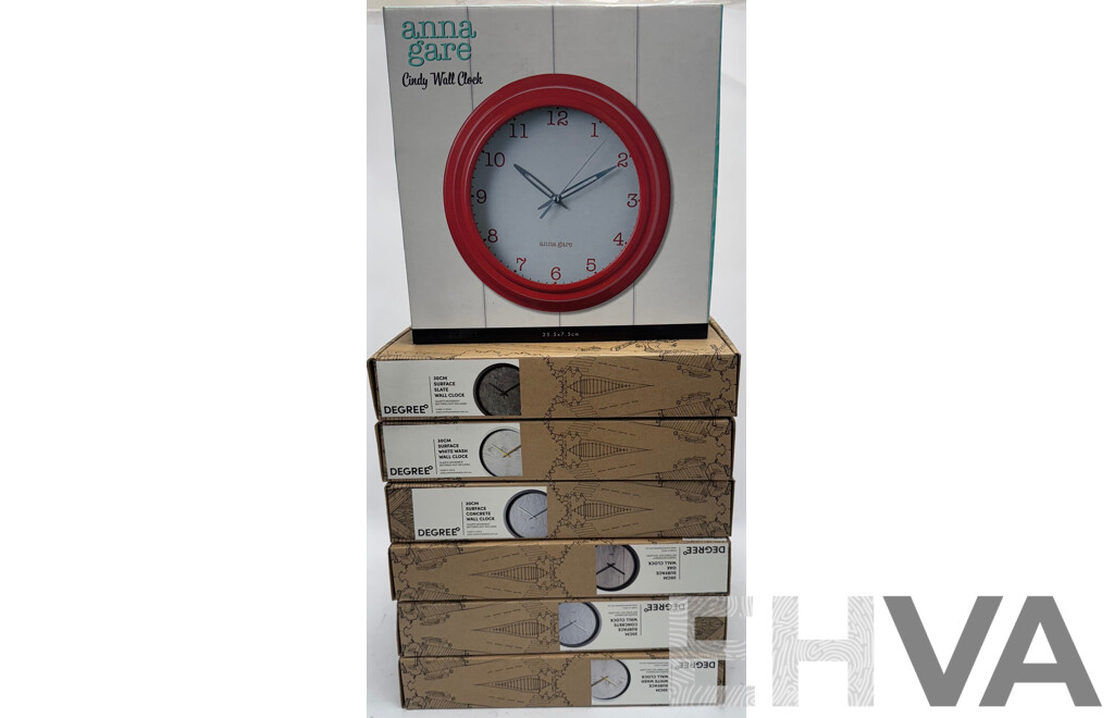 Degree 30cm Wall Clocks and Anna Gare Wall Clock - Lot of 7