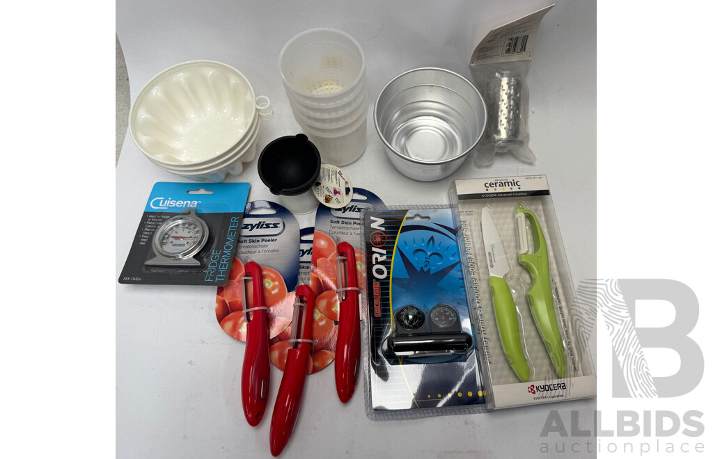 Assorted Kitchen Items - Knives, Forks, Tea Towels, Place Mats, Peelers, Cups, Chopsticks