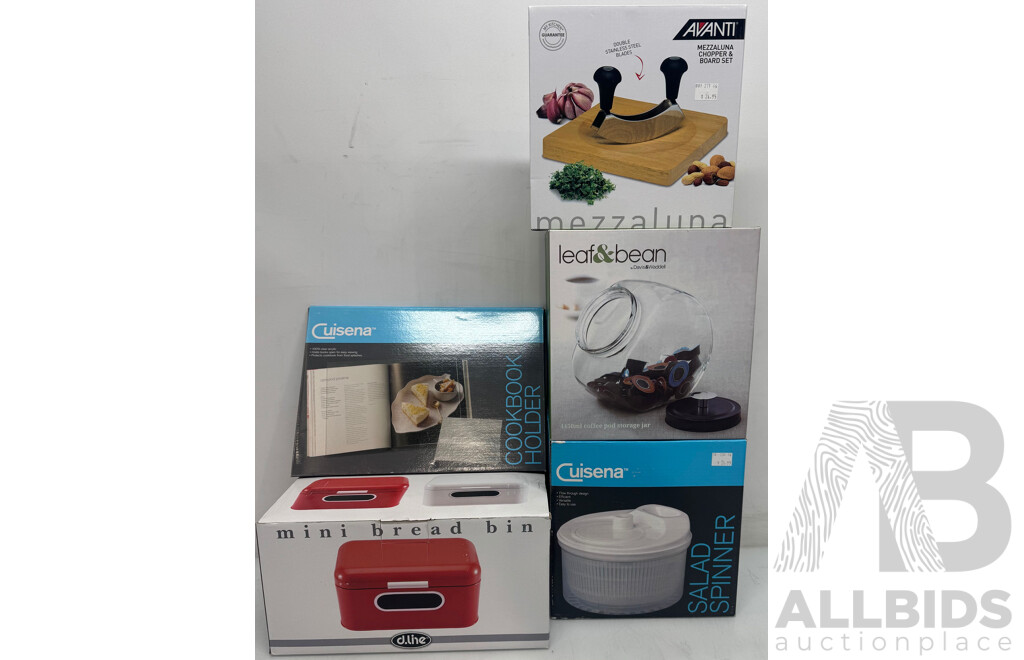 Kitchen Accessories - Cookbook Holder, Bread Bin, Salad Spinner, Chopping Board and Jar