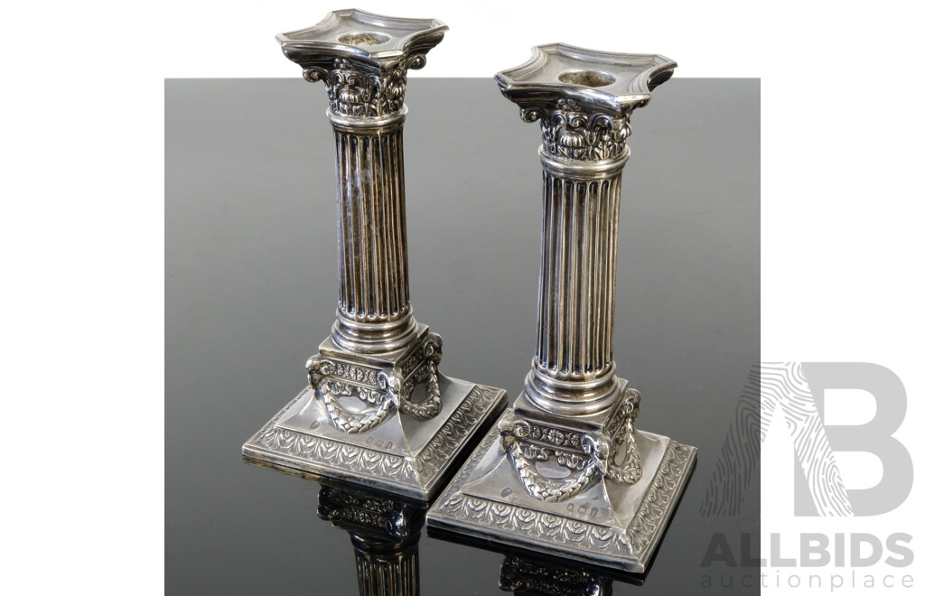 Pair Antique Sterling Silver Candle Holders with Columnar Form and Garlands Detail to Base, Birmingham 1910,  Martin Hall & Co