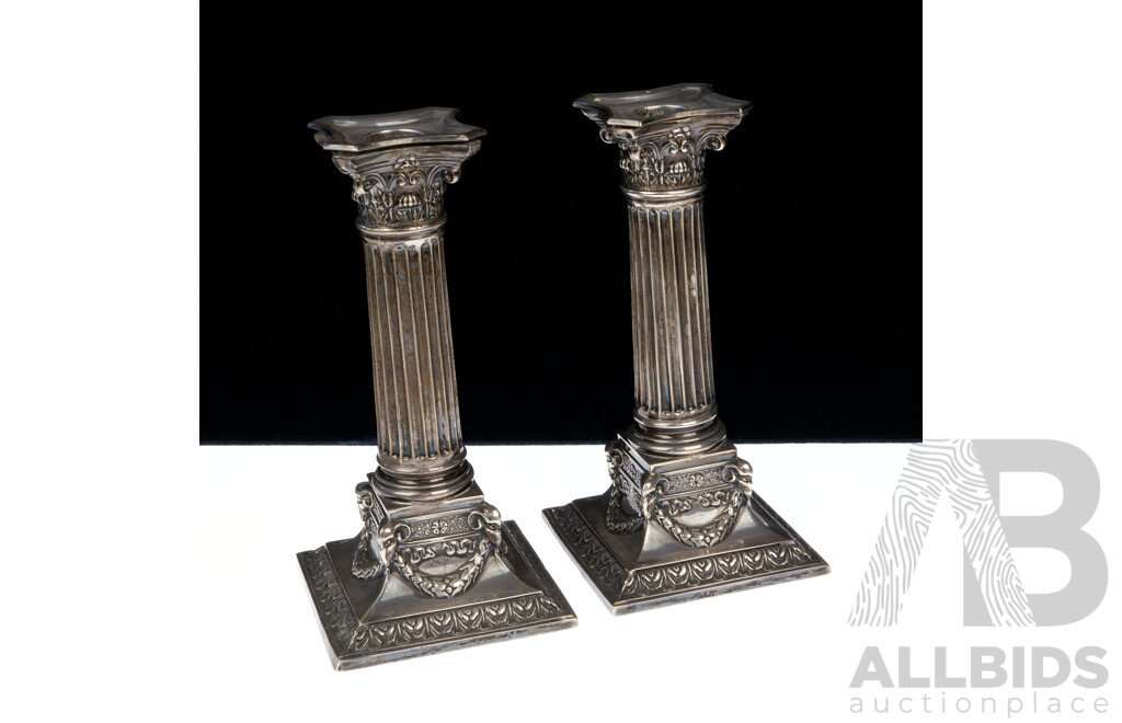 Pair Antique Sterling Silver Candle Holders with Columnar Form and Garlands Detail to Base, Birmingham 1910,  Martin Hall & Co