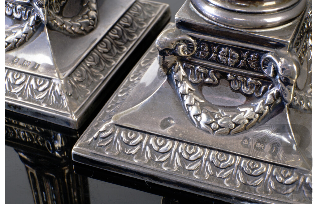 Pair Antique Sterling Silver Candle Holders with Columnar Form and Garlands Detail to Base, Birmingham 1910,  Martin Hall & Co