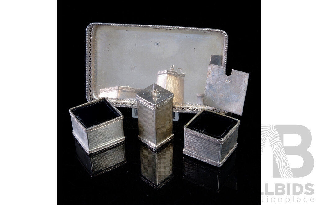 Vintage Sterling Silver Three Piece Sterling Silver Cruet Set, Birmingham 1935 on Sterling Silver Tray, Birmingham 1976, Total Silver Weight 277gm