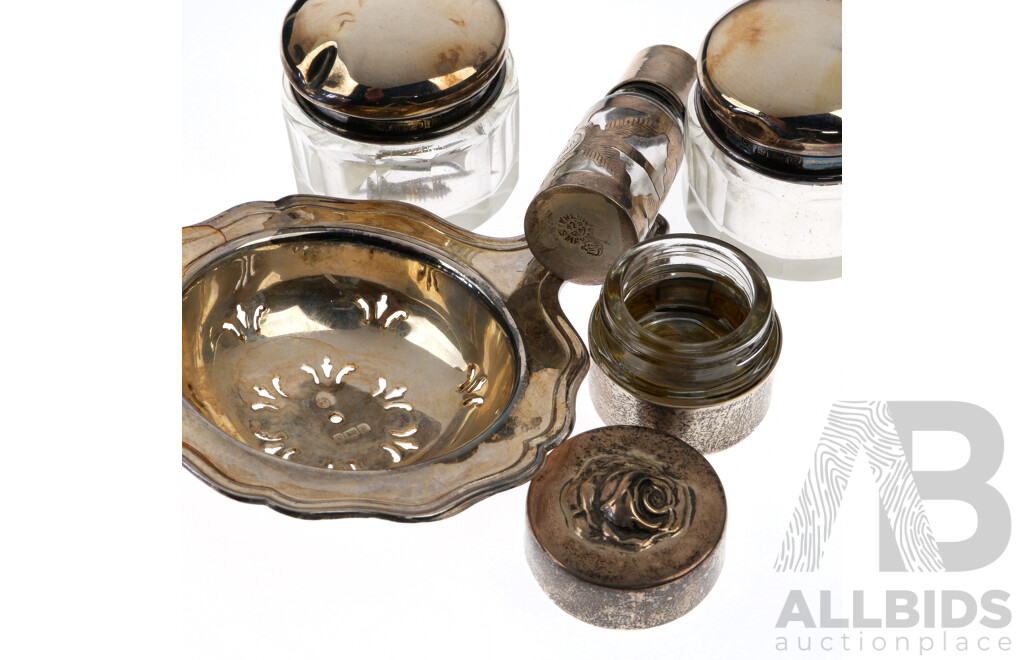 Collection Sterling Silver Including Two Glass Jars with Silver Lids, Birmingham 1922, Glass Vail with Mexican Silver Lid and Sleeve, Rose Top Jar, London 1991& Tea Strainer, Sheffield, 1989