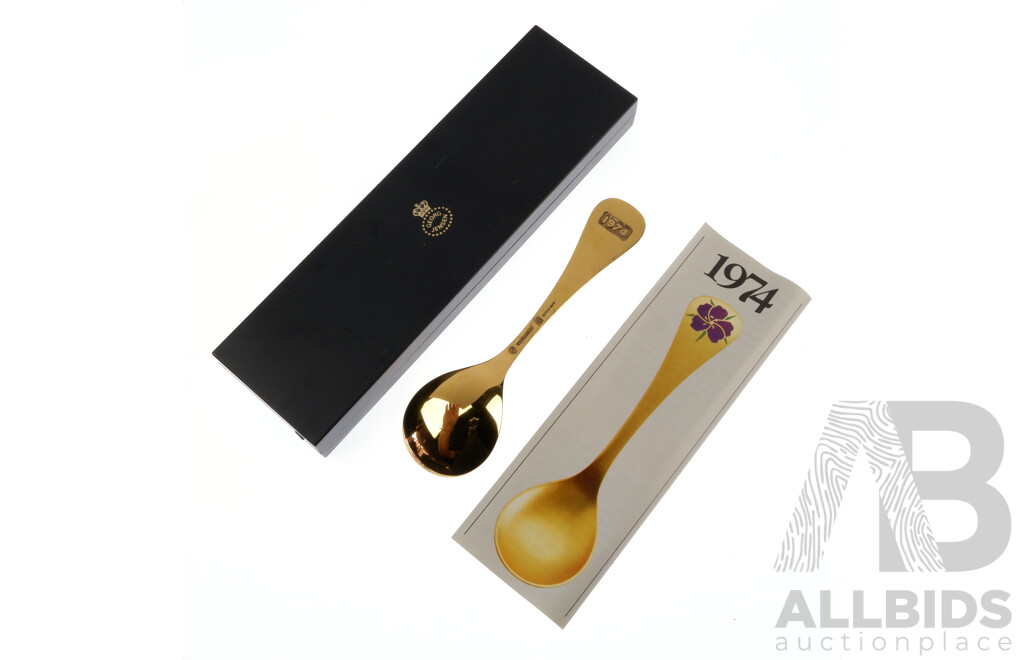 Retro Georg Jensen 1974 Gilded Sterling Silver .925 Annual Spoon in Original Box