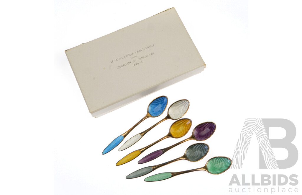 Retro Set Six Danish Gilded Sterling Silver Enamelled Teaspoons by a Michelsen