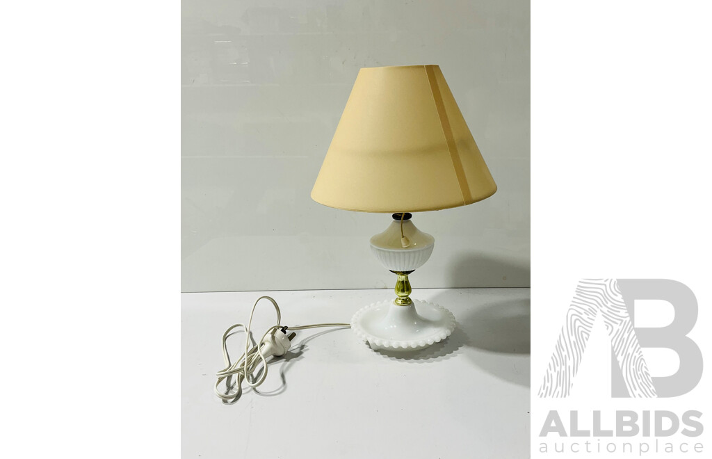 Corded Milk Glass Desk Lamp with Cloth Lampshade