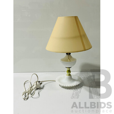 Corded Milk Glass Desk Lamp with Cloth Lampshade