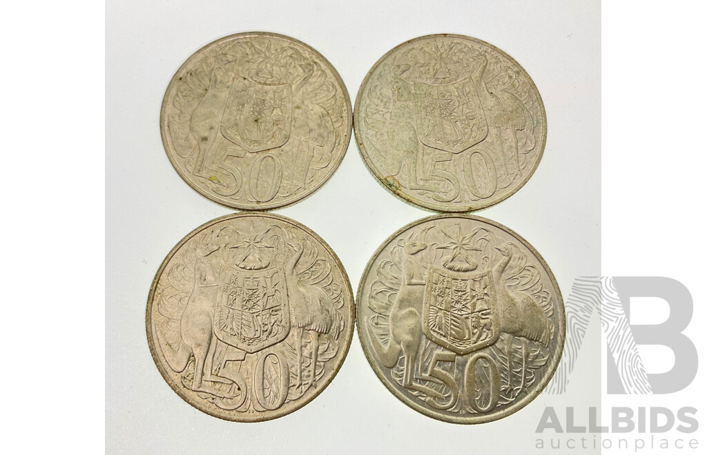 Four Australian 1966 Round Silver Fifty Cent Coins .800