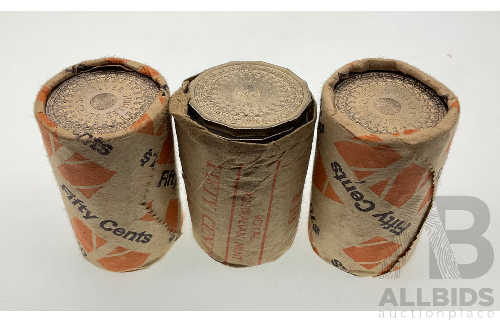 Three Australian 1977 ANZ and RAM UNC Fifty Cent Coin Rolls, Silver Jubilee
