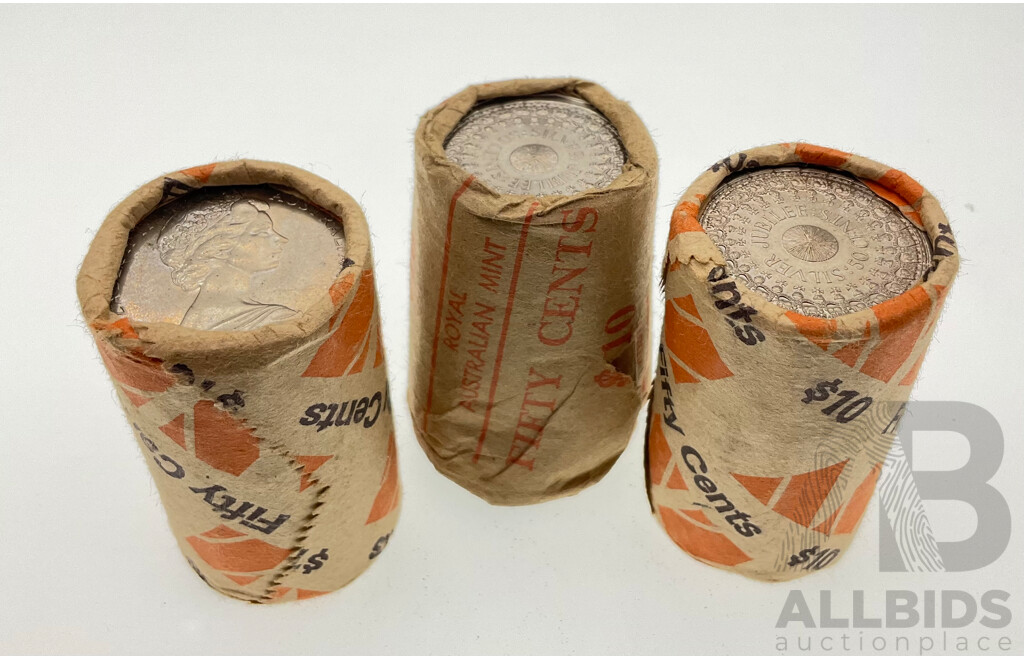 Three Australian 1977 ANZ and RAM UNC Fifty Cent Coin Rolls, Silver Jubilee
