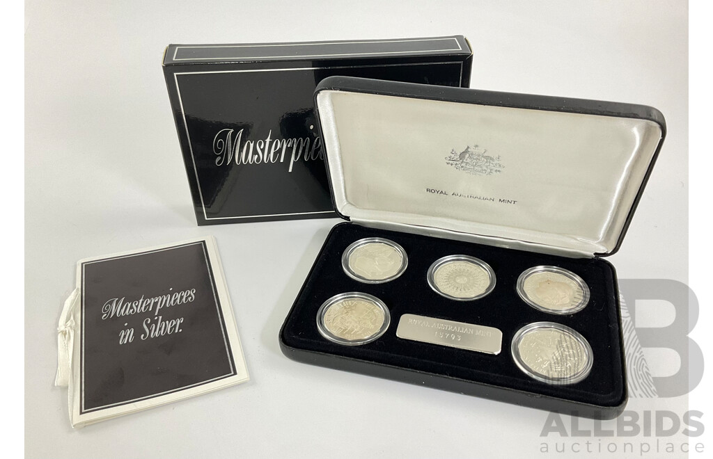 Australian RAM Masterpieces in Silver, Five Silver Commemorative Fifty Cent Coins, 1970, 1977, 1981, 1982 1989 .925