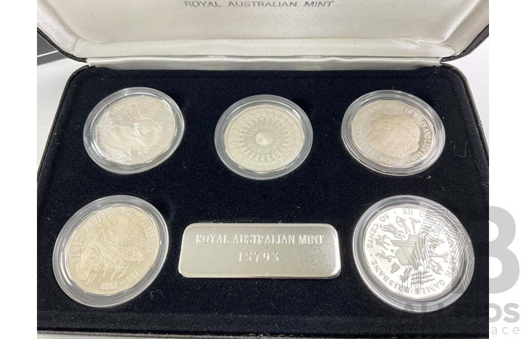 Australian RAM Masterpieces in Silver, Five Silver Commemorative Fifty Cent Coins, 1970, 1977, 1981, 1982 1989 .925