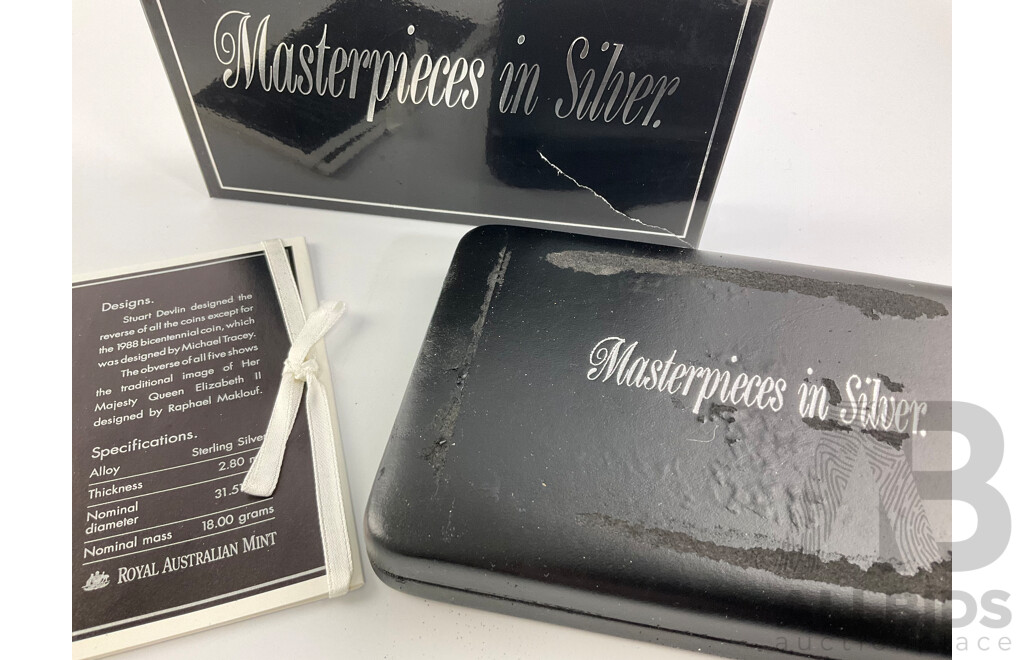 Australian RAM Masterpieces in Silver, Five Silver Commemorative Fifty Cent Coins, 1970, 1977, 1981, 1982 1989 .925