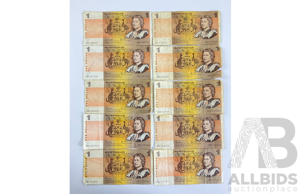 Australian One Dollar Notes Including Nine 1982 Johnston/Stone R78, 1979 Knight/Stone R77