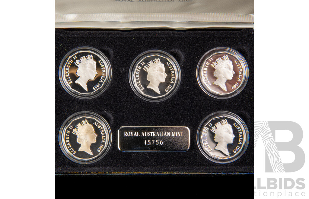 Australian RAM Masterpieces in Silver, Five Silver Commemorative Fifty Cent Coins, 1970, 1977, 1981, 1982 1989 .925
