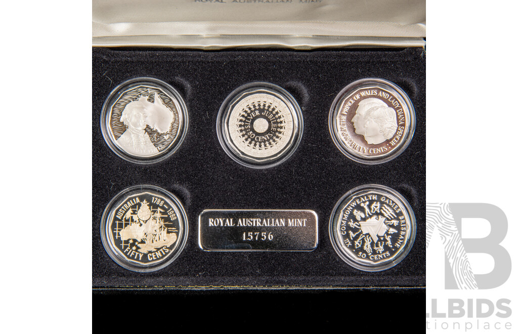 Australian RAM Masterpieces in Silver, Five Silver Commemorative Fifty Cent Coins, 1970, 1977, 1981, 1982 1989 .925
