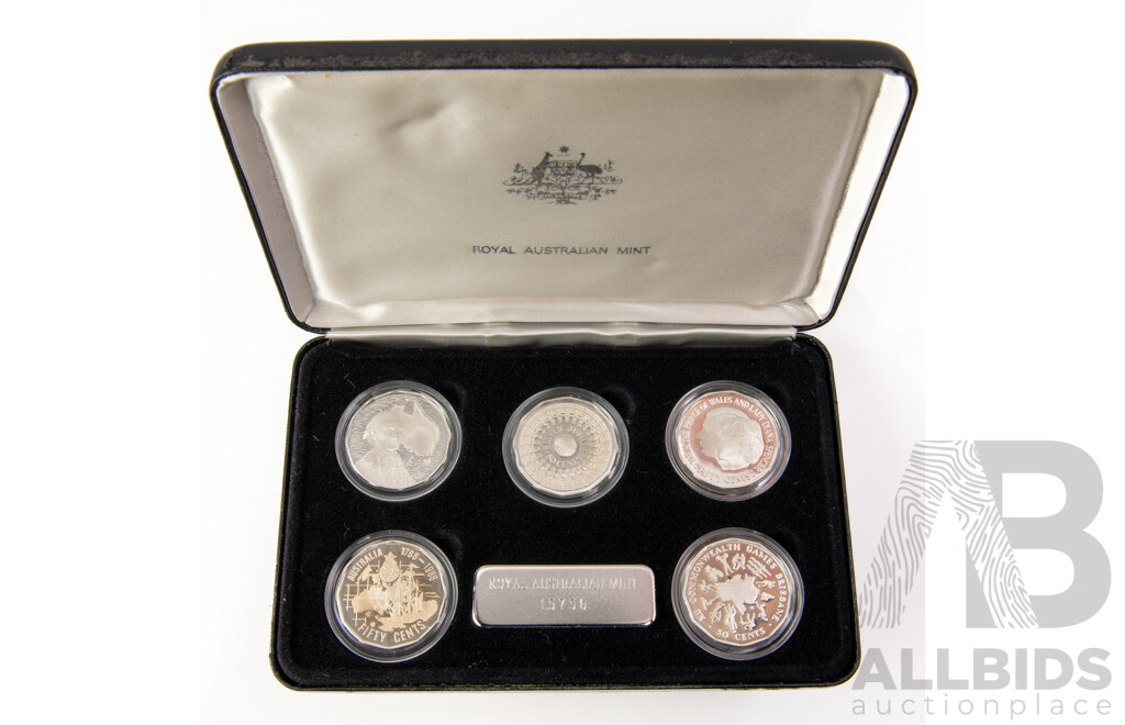 Australian RAM Masterpieces in Silver, Five Silver Commemorative Fifty Cent Coins, 1970, 1977, 1981, 1982 1989 .925