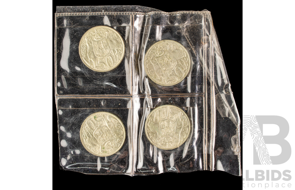 Four Australian 1966 Round Silver Fifty Cent Coins .800