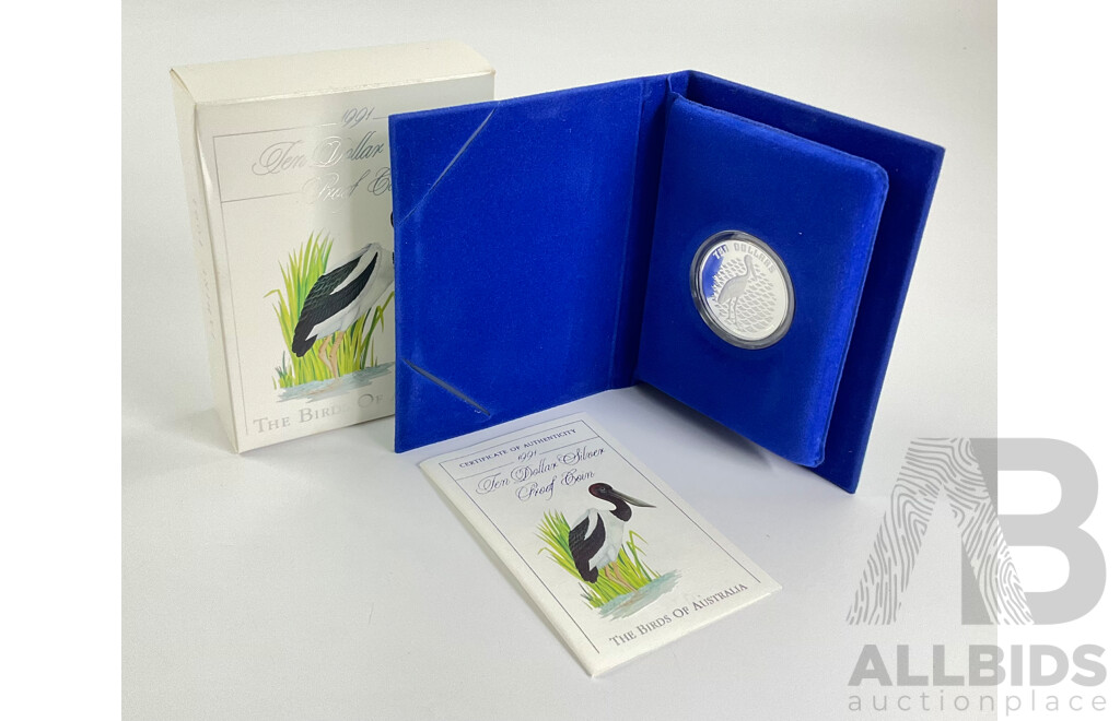 Australian RAM 1991 Silver Ten Dollar Proof Coin, Birds of Australia, Jabiru