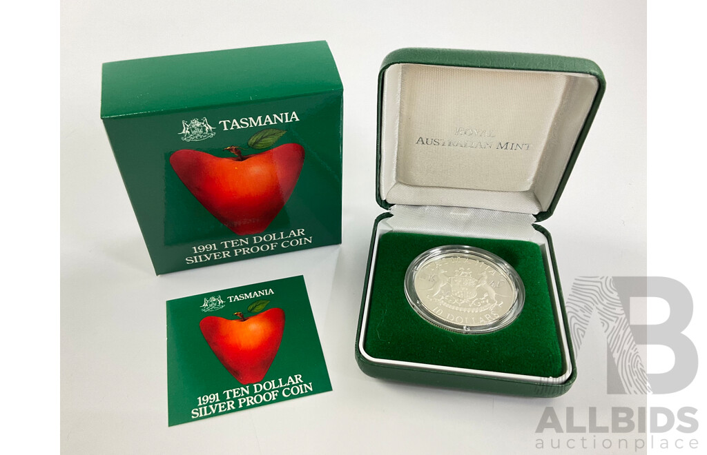 Australian 1991 Silver Ten Dollar Proof Coin, State Series, Tasmania .925