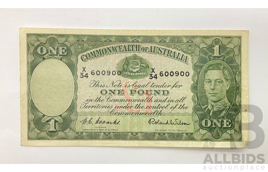 Australian 1952 One Pound Note R32 Coombs/Wilson X34