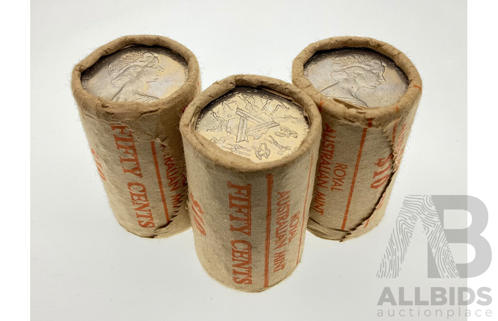 Three Australian RAM 1982 Fifty Cent Coin Rolls, Commonwealth Games