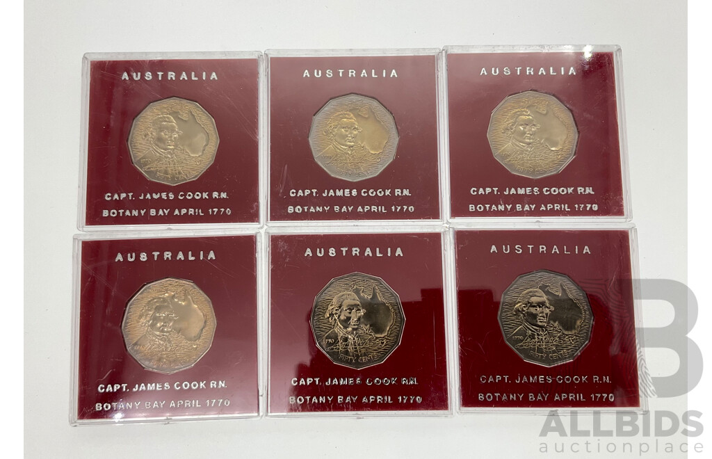 Six Australian 1970 UNC Fifty Cent Coins, Captain Cook