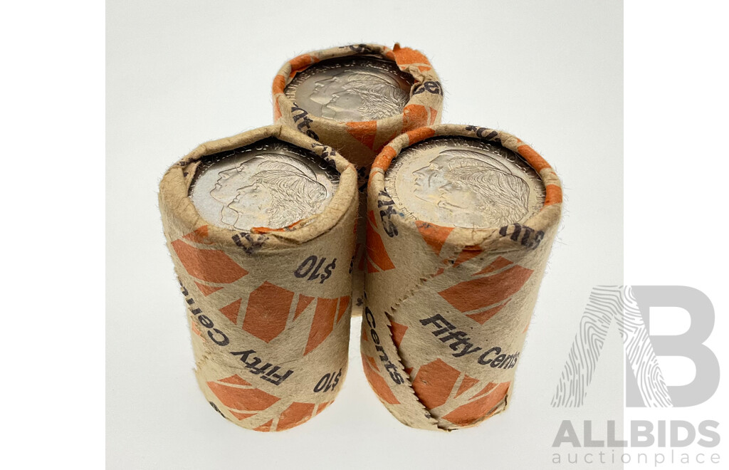 Three Australian 1981 Fifty Cent Coin Rolls, Charles and Diana
